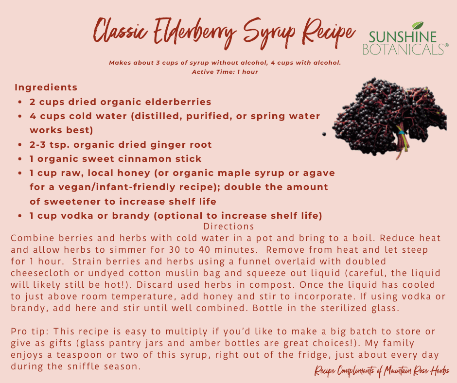 FB Classic Elderberry Syrup Recipe Classic Elderberry Syrup Recipe Makes about 3 cups of syrup without alcohol, 4 cups with alcohol. Active Time: 1 hour Ingredients