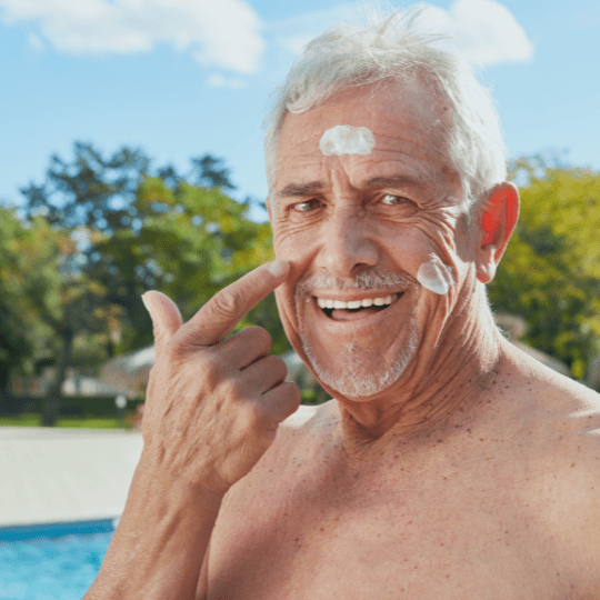 Man putting on sunscreen Sun protection forms the foundation of every anti-aging skincare plan. UV rays age the skin and can dilate capillaries leading to broken blood vessels and flushed skin – not to mention accelerates aging at a ridiculous rate.