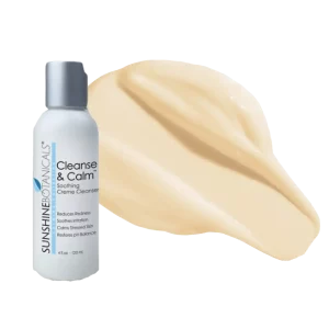 Switch from foaming, exfoliating cleansers to a more gentle, creamy cleanser.  pH is a significant factor here, so if you prefer a water-activated, lathering cleanser, it should have a pH level of approximately 6.2 so the skin barrier is not disturbed and does not cause any inflammation. Ingredients to look for that are specific to sensitive skin include licorice root, Pau d' Arco, Sea Buckthorn, honey, and green tea. 